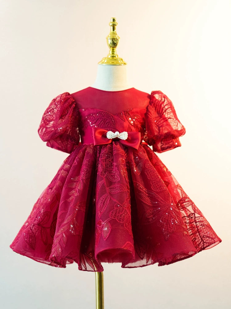 Princess Burgundy Lace Back Zip Baptism Lace Tea Length Short Sleeve Puff Sleeve Round Flower Girl Dress