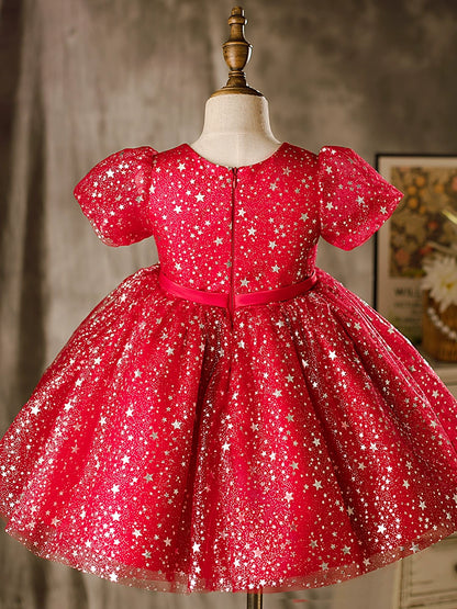 Princess Burgundy Organza Back Zip Baptism Sequins Tea Length Short Sleeve Puff Sleeve Round Flower Girl Dress