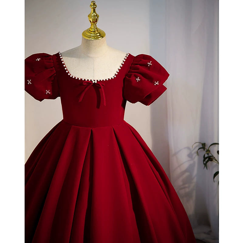 Princess Burgundy Satin Crossed Straps Baptism Beaded Floor Length Short Sleeve Puff Sleeve Square Flower Girl Dress