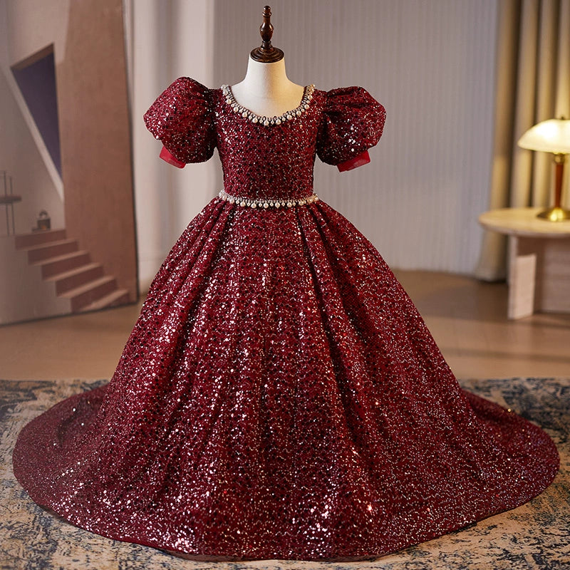 Princess Burgundy Sequined Crossed Straps Baptism Beaded Floor Length Short Sleeve Puff Sleeve Scoop Flower Girl Dress