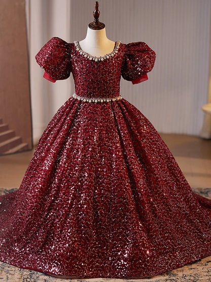 Princess Burgundy Sequined Crossed Straps Baptism Beaded Floor Length Short Sleeve Puff Sleeve Scoop Flower Girl Dress