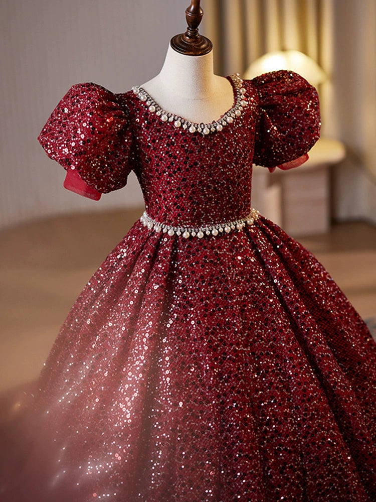 Princess Burgundy Sequined Crossed Straps Baptism Beaded Floor Length Short Sleeve Puff Sleeve Scoop Flower Girl Dress