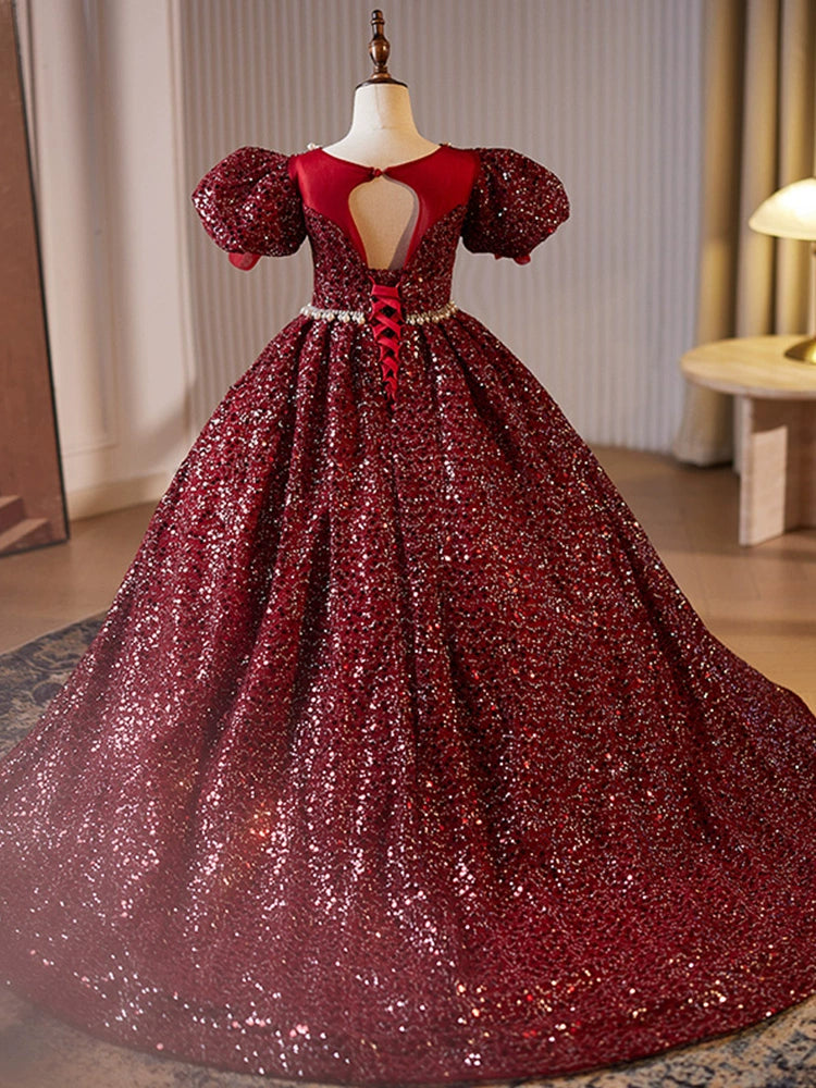 Princess Burgundy Sequined Crossed Straps Baptism Beaded Floor Length Short Sleeve Puff Sleeve Scoop Flower Girl Dress