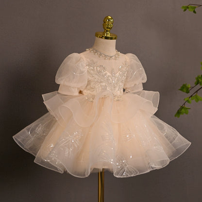 Princess Champagne Tulle Back Zip Baptism Lace Tea Length Short Sleeve Puff Sleeve Sweetheart Flower Girl Dress