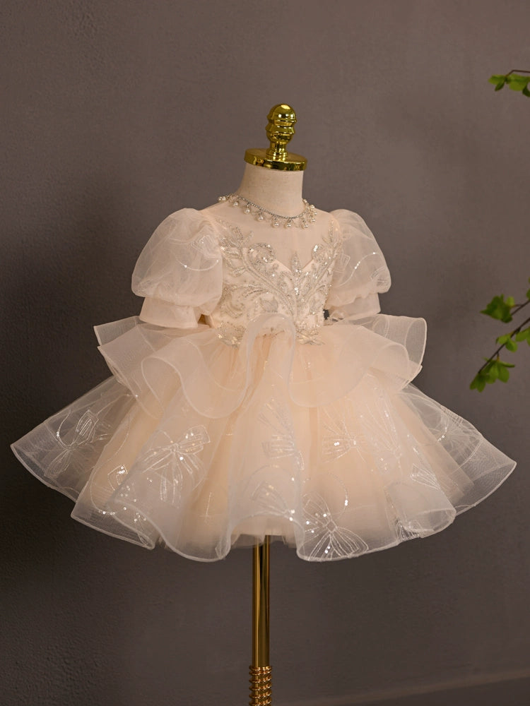 Princess Champagne Tulle Back Zip Baptism Lace Tea Length Short Sleeve Puff Sleeve Sweetheart Flower Girl Dress