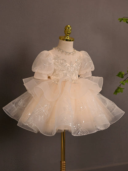 Princess Champagne Tulle Back Zip Baptism Lace Tea Length Short Sleeve Puff Sleeve Sweetheart Flower Girl Dress