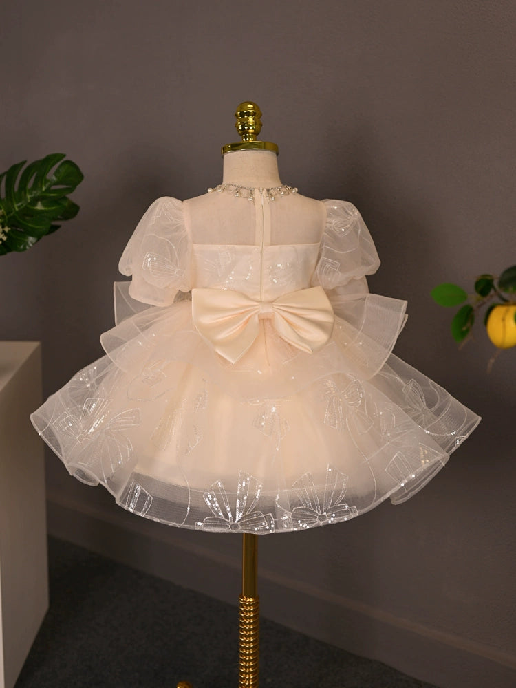 Princess Champagne Tulle Back Zip Baptism Lace Tea Length Short Sleeve Puff Sleeve Sweetheart Flower Girl Dress