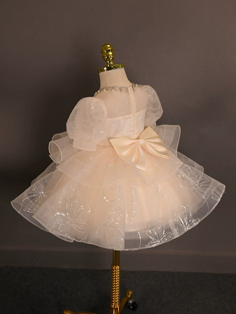 Princess Champagne Tulle Back Zip Baptism Lace Tea Length Short Sleeve Puff Sleeve Sweetheart Flower Girl Dress