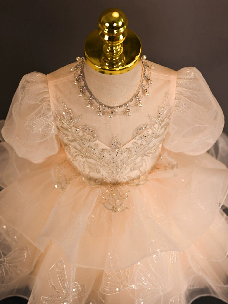 Princess Champagne Tulle Back Zip Baptism Lace Tea Length Short Sleeve Puff Sleeve Sweetheart Flower Girl Dress