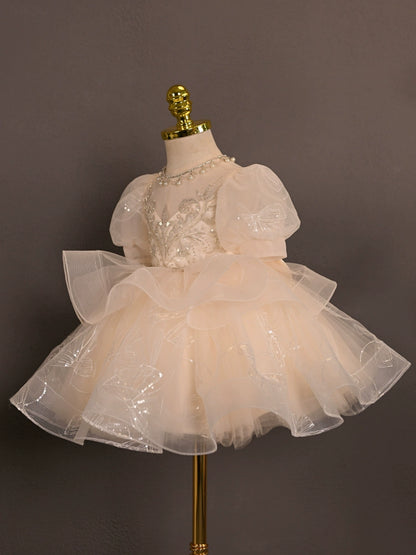 Princess Champagne Tulle Back Zip Baptism Lace Tea Length Short Sleeve Puff Sleeve Sweetheart Flower Girl Dress