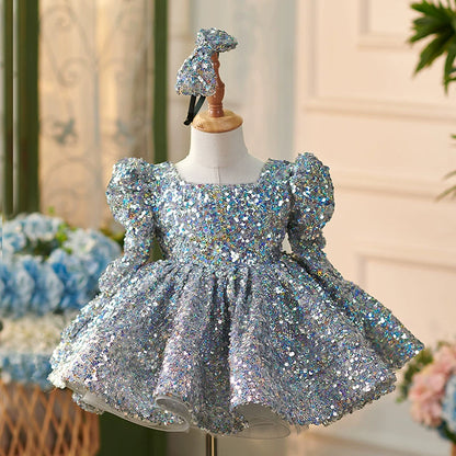 Princess Dusty Blue Sequined Back Zip Baptism Sequins Long Sleeve Square Flower Girl Dress