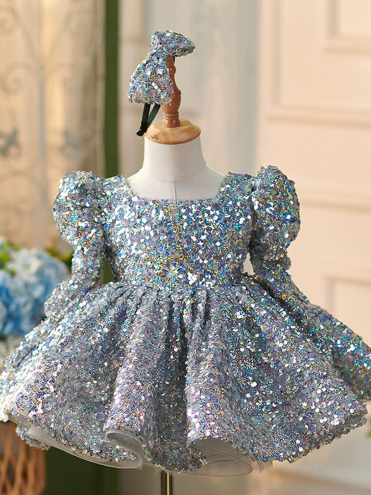 Princess Dusty Blue Sequined Back Zip Baptism Sequins Long Sleeve Square Flower Girl Dress