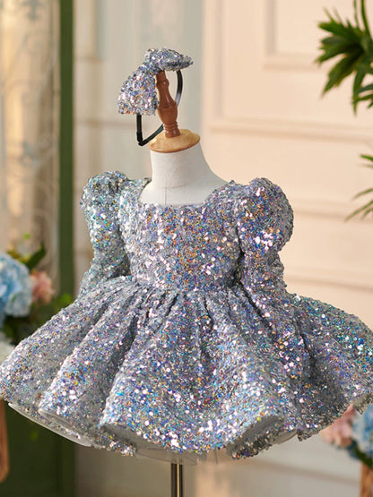 Princess Dusty Blue Sequined Back Zip Baptism Sequins Long Sleeve Square Flower Girl Dress