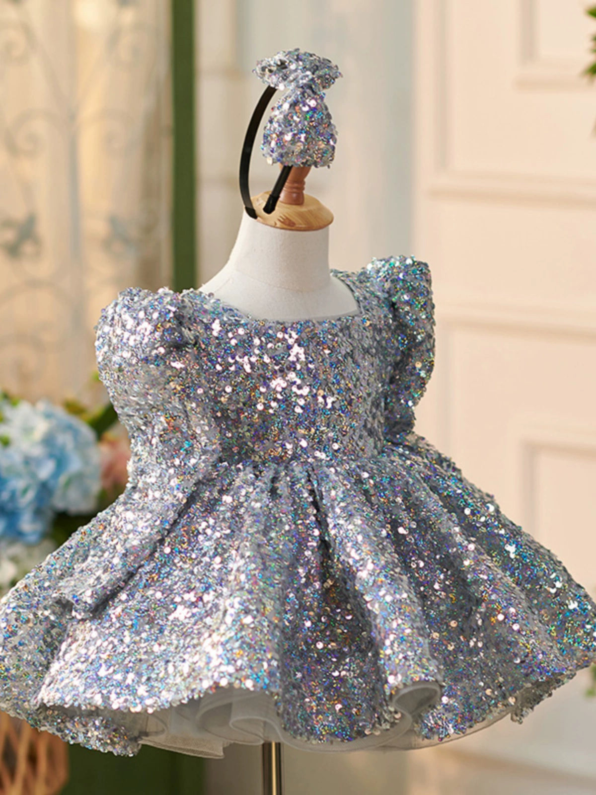 Princess Dusty Blue Sequined Back Zip Baptism Sequins Long Sleeve Square Flower Girl Dress