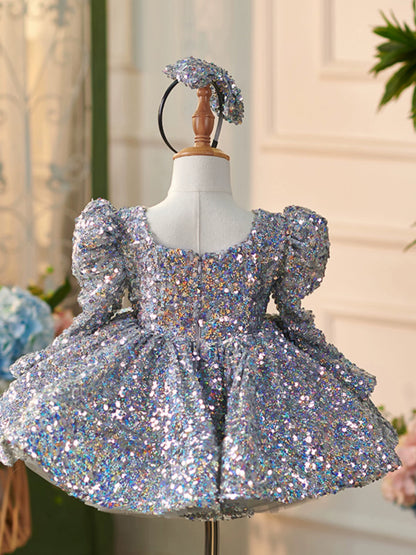 Princess Dusty Blue Sequined Back Zip Baptism Sequins Long Sleeve Square Flower Girl Dress