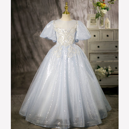 Princess Dusty Blue Sequined Crossed Straps Baptism Lace Floor Length Short Sleeve Puff Sleeve Round Flower Girl Dress