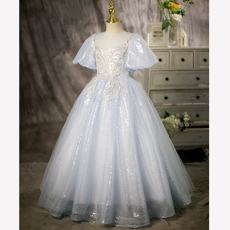 Princess Dusty Blue Sequined Crossed Straps Baptism Lace Floor Length Short Sleeve Puff Sleeve Round Flower Girl Dress