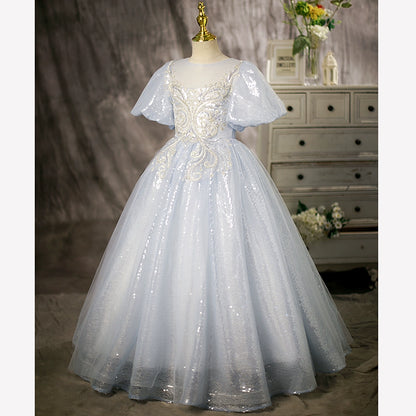 Princess Dusty Blue Sequined Crossed Straps Baptism Lace Floor Length Short Sleeve Puff Sleeve Round Flower Girl Dress