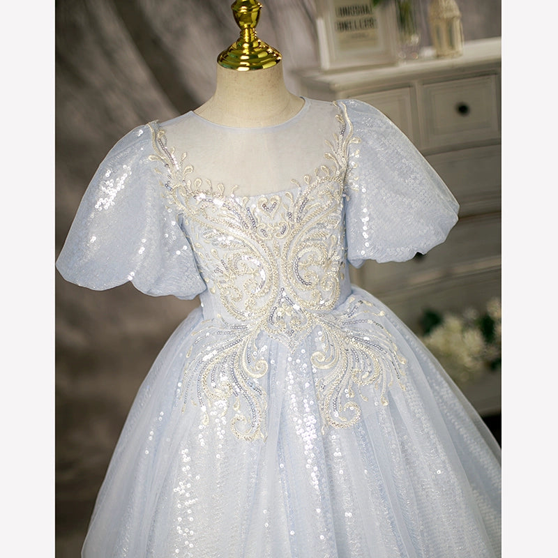 Princess Dusty Blue Sequined Crossed Straps Baptism Lace Floor Length Short Sleeve Puff Sleeve Round Flower Girl Dress