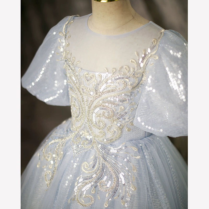 Princess Dusty Blue Sequined Crossed Straps Baptism Lace Floor Length Short Sleeve Puff Sleeve Round Flower Girl Dress