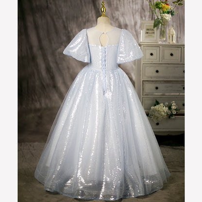 Princess Dusty Blue Sequined Crossed Straps Baptism Lace Floor Length Short Sleeve Puff Sleeve Round Flower Girl Dress