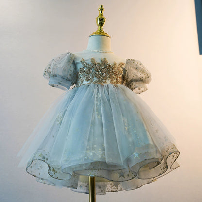 Princess Dusty Blue Tulle Back Zip Baptism Beaded Tea Length Short Sleeve Puff Sleeve Round Flower Girl Dress