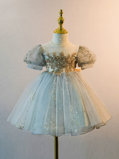 Princess Dusty Blue Tulle Back Zip Baptism Beaded Tea Length Short Sleeve Puff Sleeve Round Flower Girl Dress