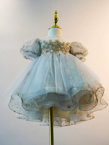 Princess Dusty Blue Tulle Back Zip Baptism Beaded Tea Length Short Sleeve Puff Sleeve Round Flower Girl Dress