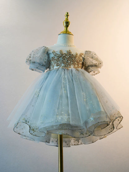 Princess Dusty Blue Tulle Back Zip Baptism Beaded Tea Length Short Sleeve Puff Sleeve Round Flower Girl Dress