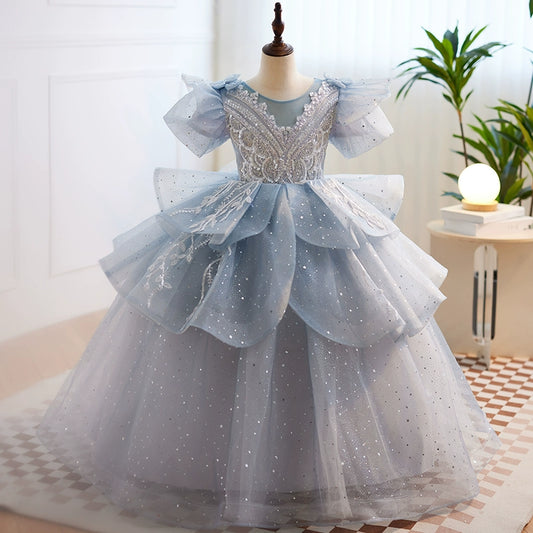 Princess Dusty Blue Tulle Crossed Straps Baptism Cascading Ruffles Floor Length Long Sleeve Puff Sleeve Round Flower Girl Dress