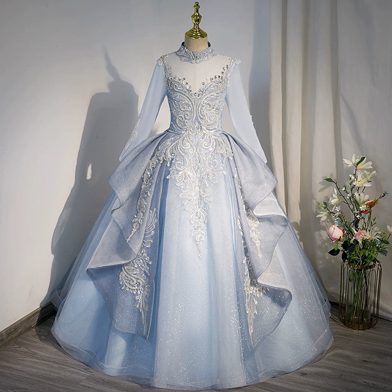 Princess Dusty Blue Tulle Crossed Straps Baptism Lace Floor Length Long Sleeve Mock Neck Flower Girl Dress