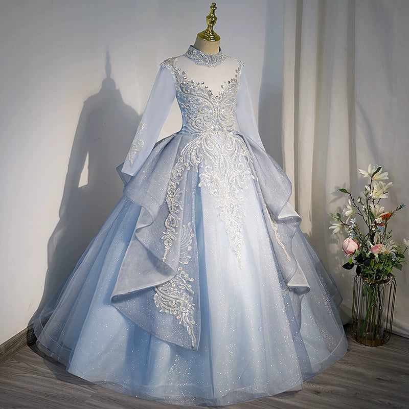 Princess Dusty Blue Tulle Crossed Straps Baptism Lace Floor Length Long Sleeve Mock Neck Flower Girl Dress