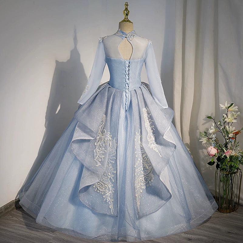 Princess Dusty Blue Tulle Crossed Straps Baptism Lace Floor Length Long Sleeve Mock Neck Flower Girl Dress