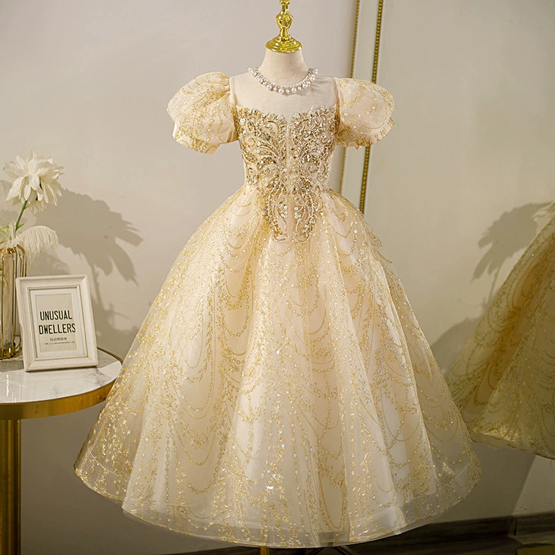 Princess Gold Sequined Crossed Straps Baptism Beaded Floor Length Short Sleeve Puff Sleeve Jewel Neck Flower Girl Dress