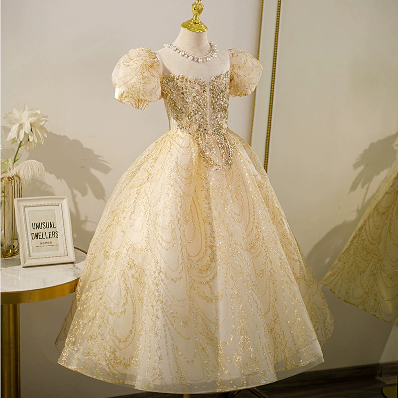 Princess Gold Sequined Crossed Straps Baptism Beaded Floor Length Short Sleeve Puff Sleeve Jewel Neck Flower Girl Dress