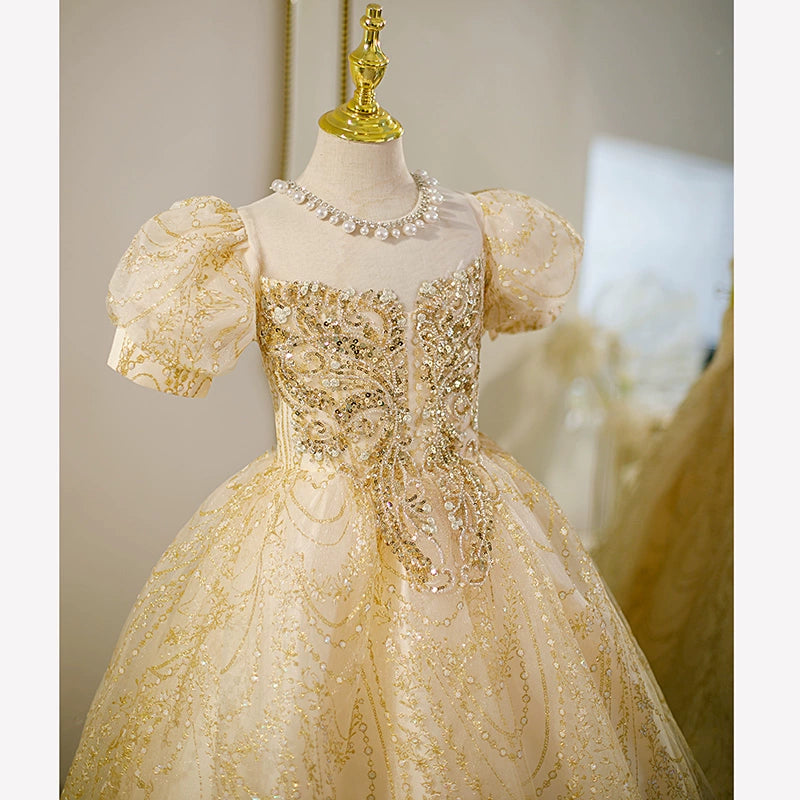 Princess Gold Sequined Crossed Straps Baptism Beaded Floor Length Short Sleeve Puff Sleeve Jewel Neck Flower Girl Dress