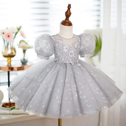 Princess Grey Organza Back Zip Baptism Lace Tea Length Short Sleeve Puff Sleeve Round Flower Girl Dress