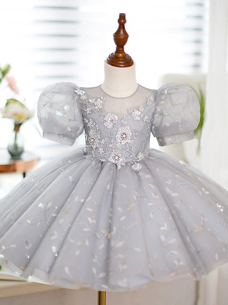 Princess Grey Organza Back Zip Baptism Lace Tea Length Short Sleeve Puff Sleeve Round Flower Girl Dress