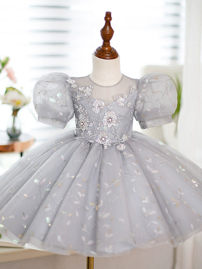 Princess Grey Organza Back Zip Baptism Lace Tea Length Short Sleeve Puff Sleeve Round Flower Girl Dress