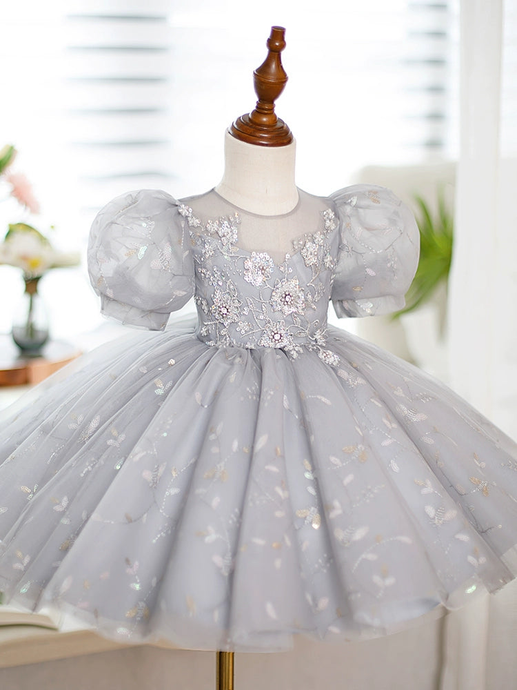 Princess Grey Organza Back Zip Baptism Lace Tea Length Short Sleeve Puff Sleeve Round Flower Girl Dress