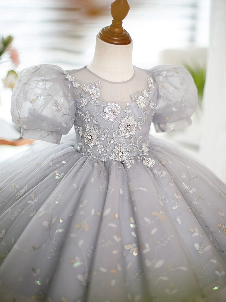 Princess Grey Organza Back Zip Baptism Lace Tea Length Short Sleeve Puff Sleeve Round Flower Girl Dress