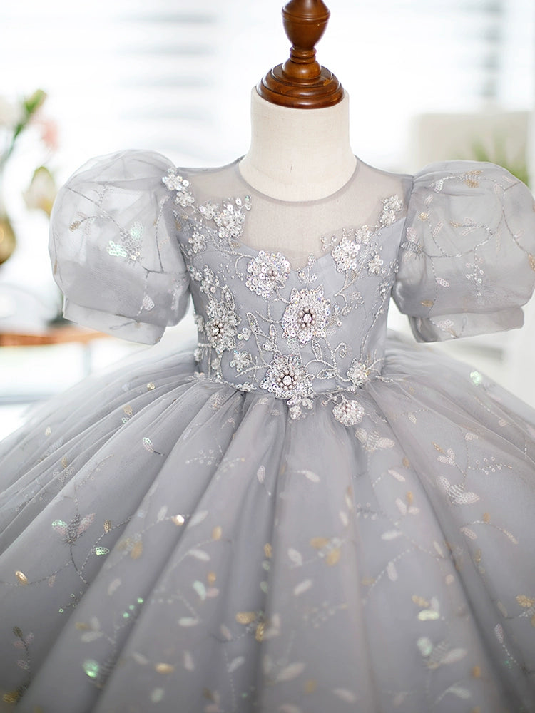 Princess Grey Organza Back Zip Baptism Lace Tea Length Short Sleeve Puff Sleeve Round Flower Girl Dress