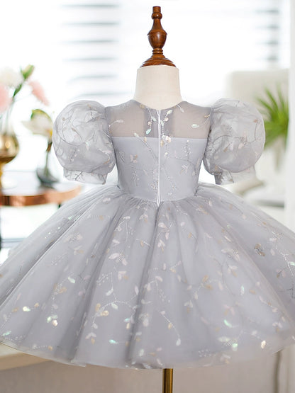 Princess Grey Organza Back Zip Baptism Lace Tea Length Short Sleeve Puff Sleeve Round Flower Girl Dress