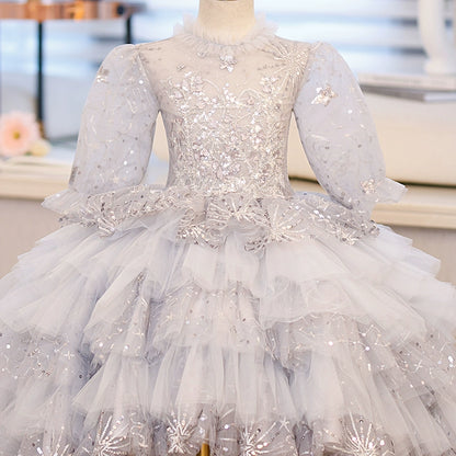 Princess Grey Tulle Crossed Straps Baptism Sequins Long Sleeve Lantern Sleeve Round Flower Girl Dress