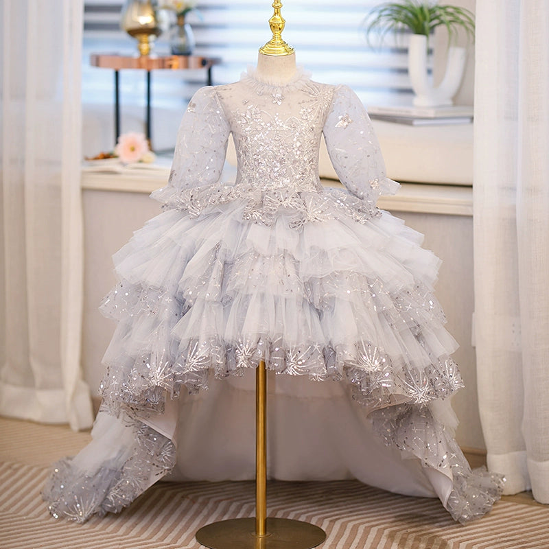 Princess Grey Tulle Crossed Straps Baptism Sequins Long Sleeve Lantern Sleeve Round Flower Girl Dress