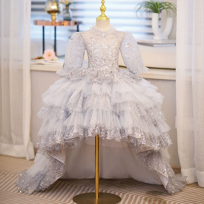 Princess Grey Tulle Crossed Straps Baptism Sequins Long Sleeve Lantern Sleeve Round Flower Girl Dress