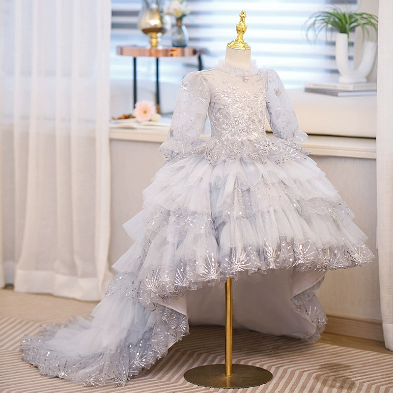 Princess Grey Tulle Crossed Straps Baptism Sequins Long Sleeve Lantern Sleeve Round Flower Girl Dress