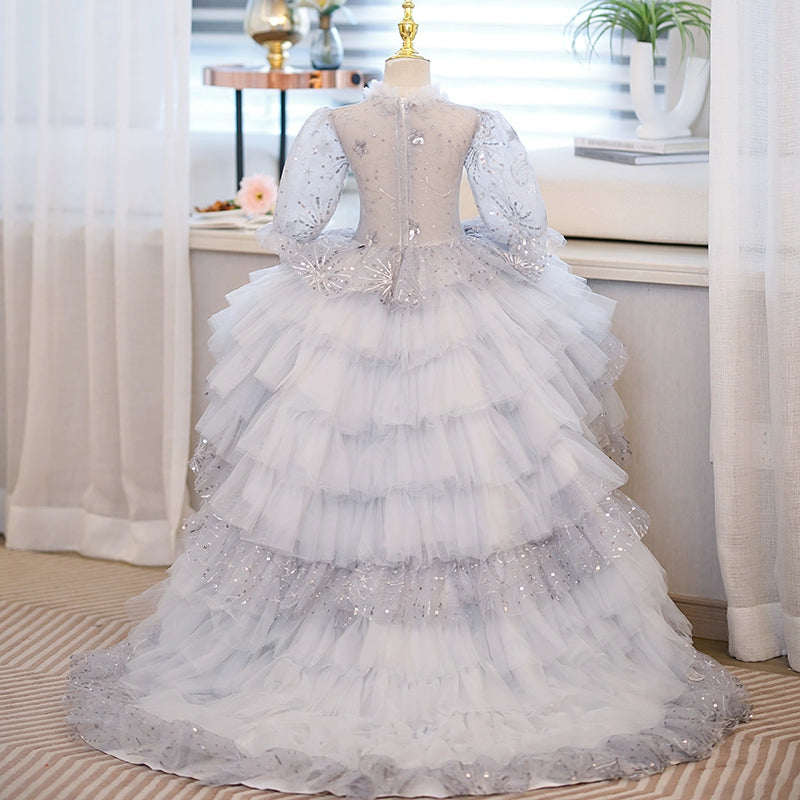 Princess Grey Tulle Crossed Straps Baptism Sequins Long Sleeve Lantern Sleeve Round Flower Girl Dress