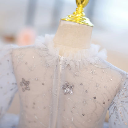 Princess Grey Tulle Crossed Straps Baptism Sequins Long Sleeve Lantern Sleeve Round Flower Girl Dress