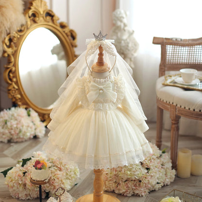 Princess Ivory Tulle Keyhole Baptism Lace Tea Length Long Sleeve Lantern Sleeve Mock Neck Flower Girl Dress